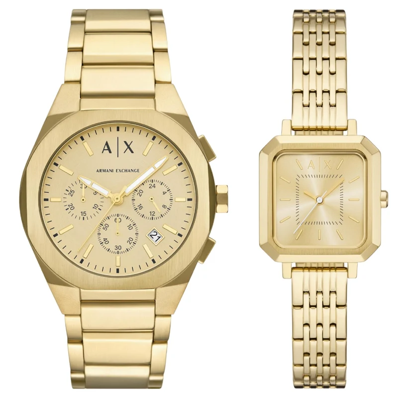 Armani Exchange Sync Gold Dial Steel Mens and Ladies Quartz Couple Watch Set AX7171SET