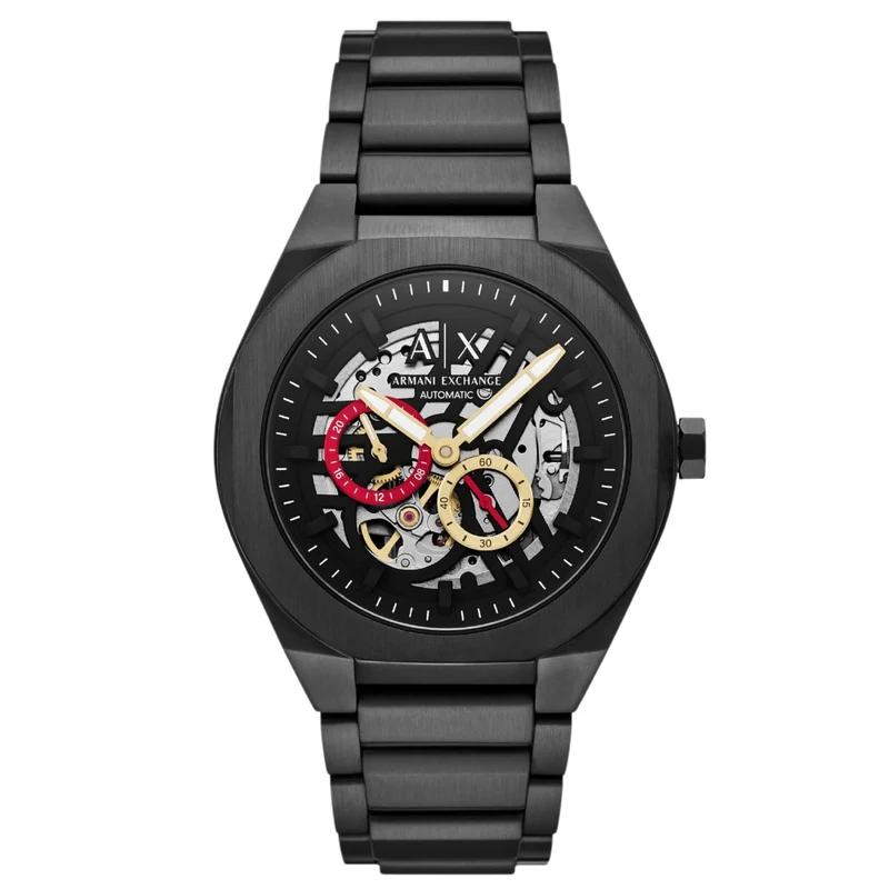 Armani Exchange Sync 44mm Skeleton Black Dial Steel Mens Quartz Watch AX4196