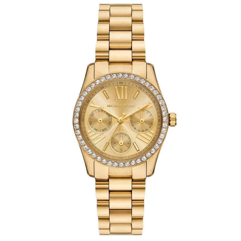 Michael Kors Lexington 34mm Chronograph Gold Dial Steel Ladies Quartz Watch MK4982