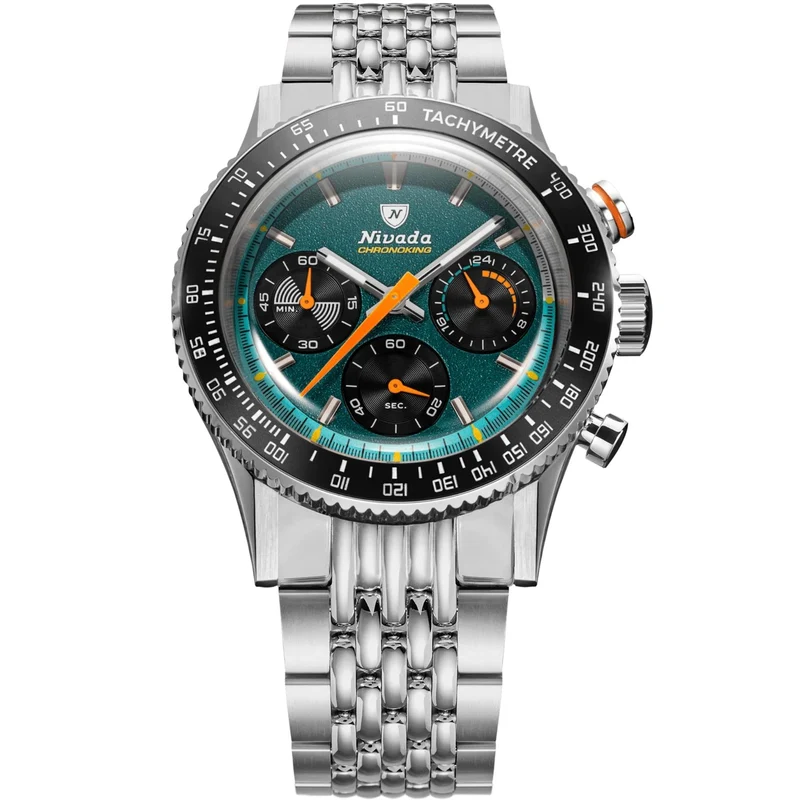 Nivada Grenchen Chronoking Mecaquartz 38mm Chronograph Green Dial Steel Mens Quartz Watch 87051Q04