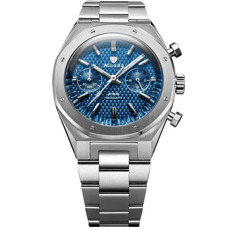 Nivada Grenchen F77 MK2 38mm Chronograph Blue Dial Steel Mens Quartz Watch 68000Q77