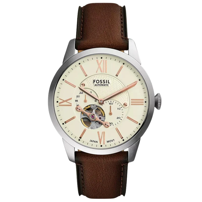 Fossil Townsman 44mm Open Heart Cream Dial Leather Mens Automatic Watch ME3266