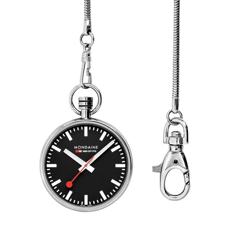 Mondaine 43mm Black Dial Steel Quartz Pocket Watch A660.30316.20SBB