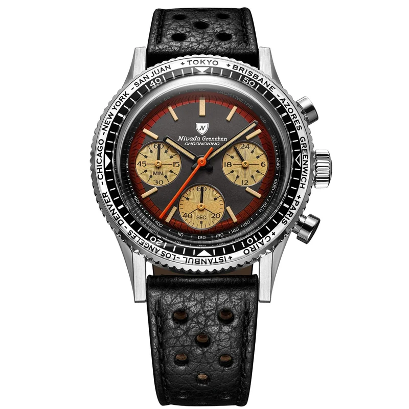 Nivada Grenchen Chronoking Racing 38mm Chronograph Black Dial Leather Mens Mecaquartz Watch 87055Q10