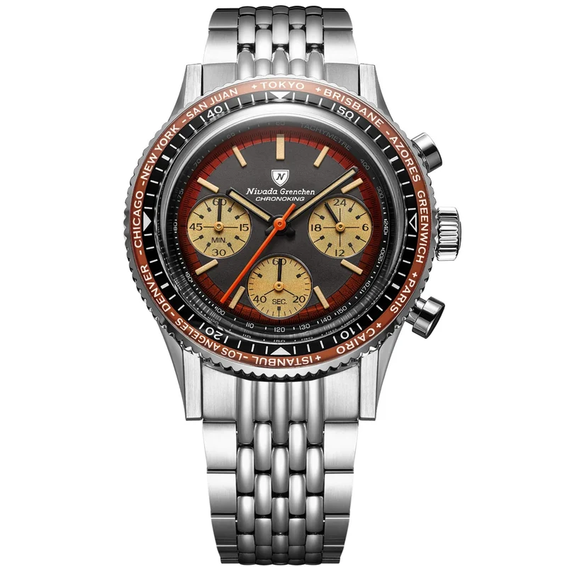 Nivada Grenchen Chronoking Racing 38mm Chronograph Black Dial Steel Mens Mecaquartz Watch 87055Q04