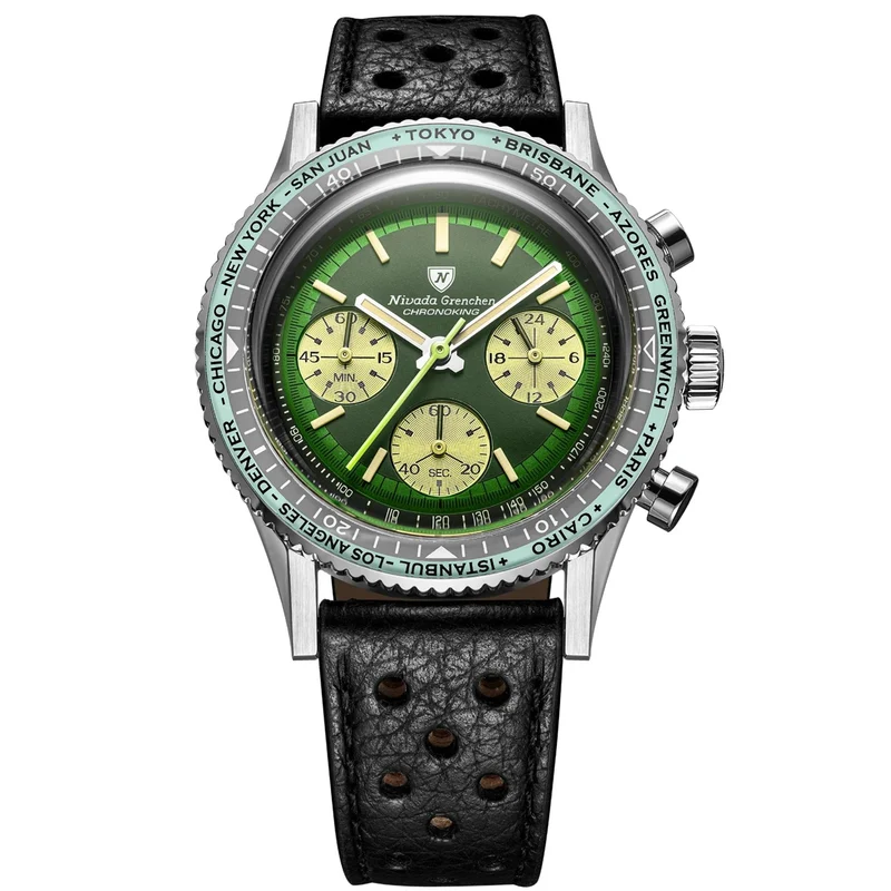 Nivada Grenchen Chronoking Racing 38mm Chronograph Green Dial Leather Mens Mecaquartz Watch 87057Q10