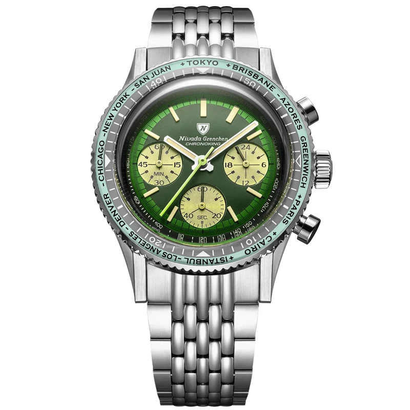 Nivada Grenchen Chronoking Racing 38mm Chronograph Green Dial Steel Mens Mecaquartz Watch 87057Q04