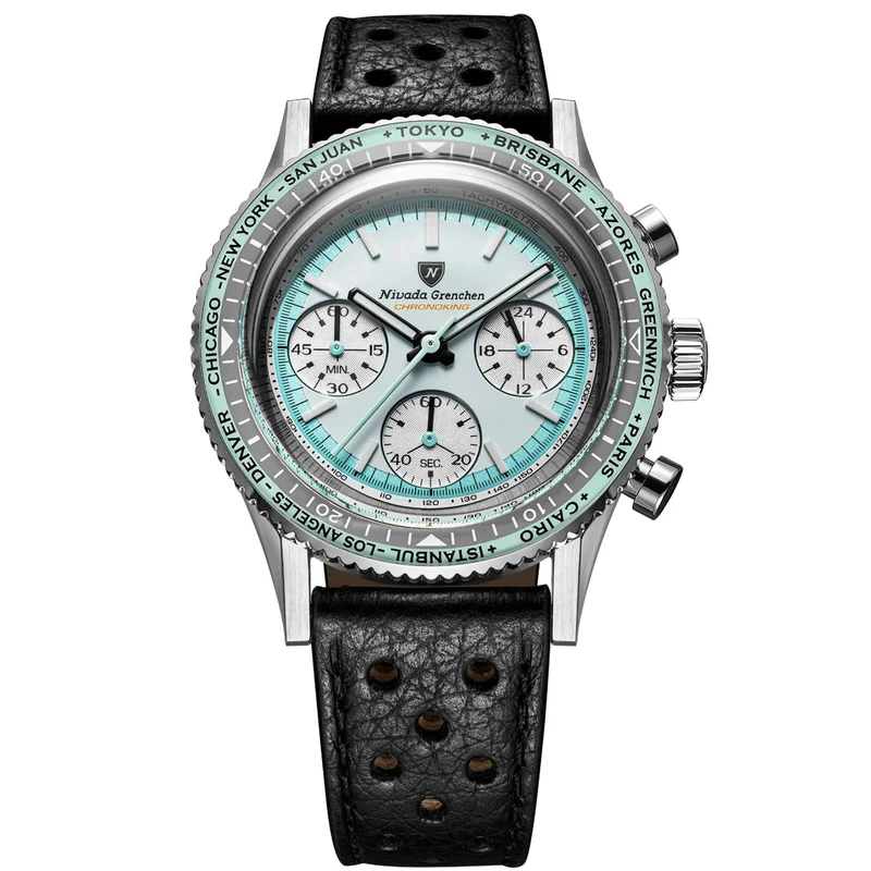 Nivada Grenchen Chronoking Racing 38mm Chronograph White Dial Leather Mens Mecaquartz Watch 87056Q10
