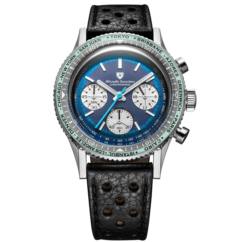 Nivada Grenchen Chronoking Racing 38mm Chronograph Blue Dial Leather Mens Mecaquartz Watch 87054Q10