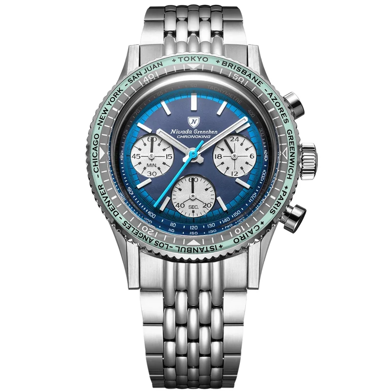 Nivada Grenchen Chronoking Racing 38mm Chronograph Blue Dial Steel Mens Mecaquartz Watch 87054Q04
