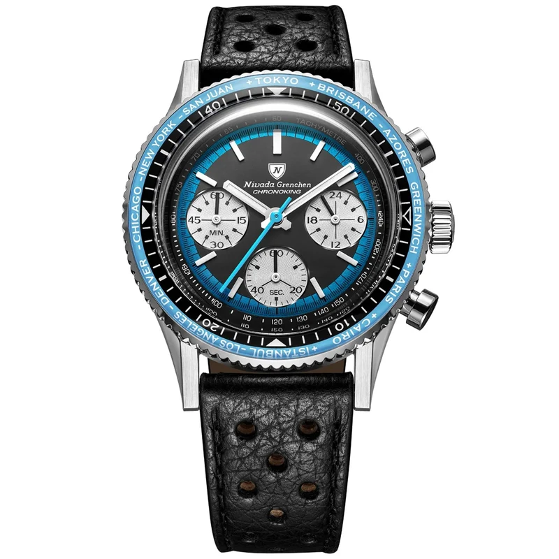 Nivada Grenchen Chronoking Racing 38mm Chronograph Black Dial Leather Mens Mecaquartz Watch 87053Q10