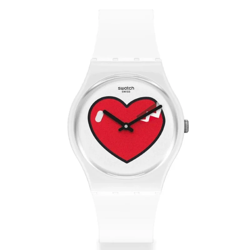 Swatch Originals 34mm LOVE O'CLOCK White Dial Silicone Quartz Watch GW718