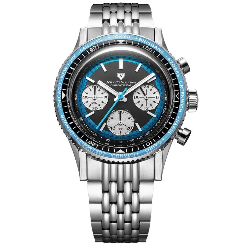 Nivada Grenchen Chronoking Racing 38mm Chronograph Black Dial Steel Mens Mecaquartz Watch 87053Q04