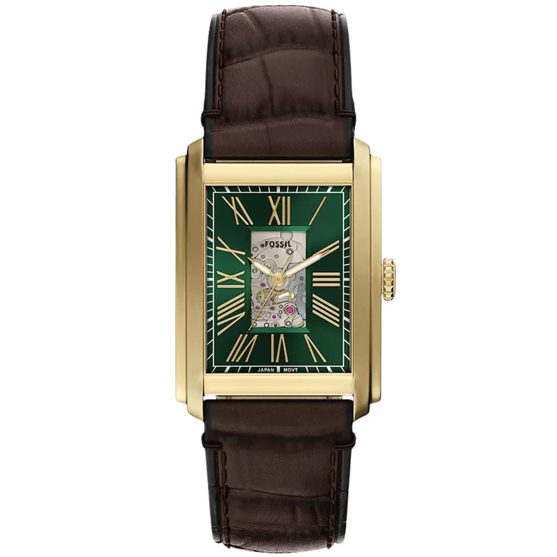 Fossil Carraway 30mm Open Heart Green Dial Leather Mens Automatic Watch ME3271