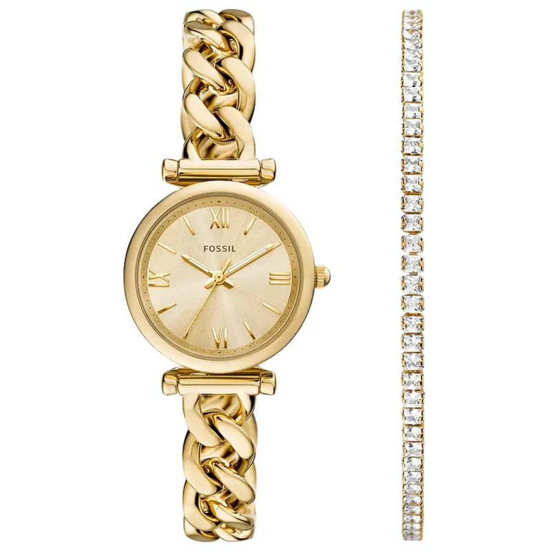Fossil Carlie 28mm Gold Dial Steel Ladies Quartz Watch ES5387SET
