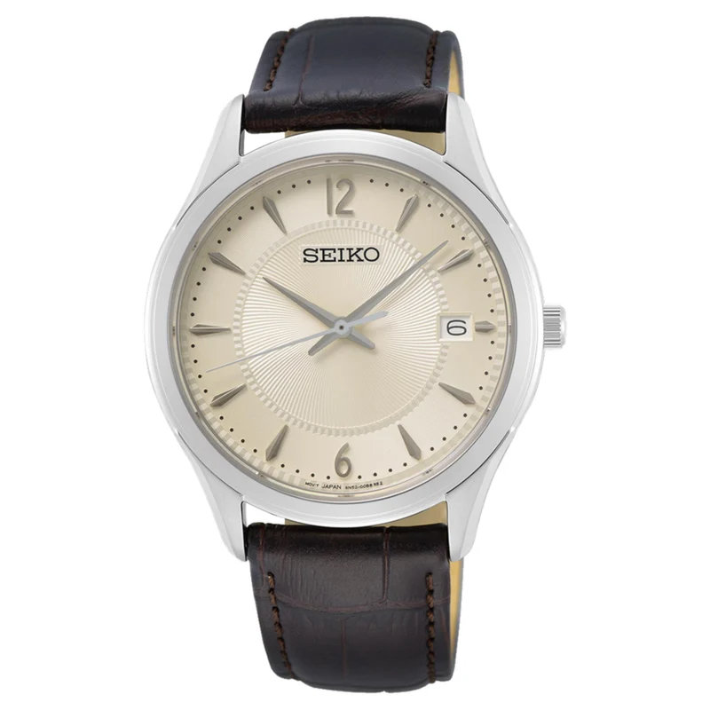 Seiko Essentials 39mm Ivory Dial Leather Mens Quartz Watch SUR421P1