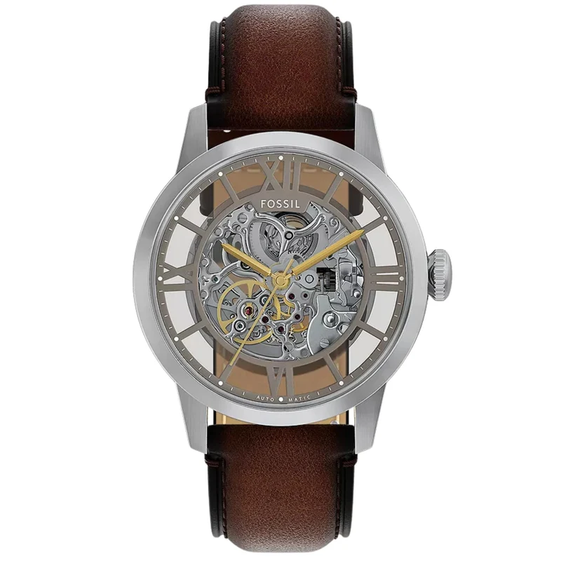 Fossil Townsman 44mm Skeleton Silver Dial Leather Mens Automatic Watch ME3270