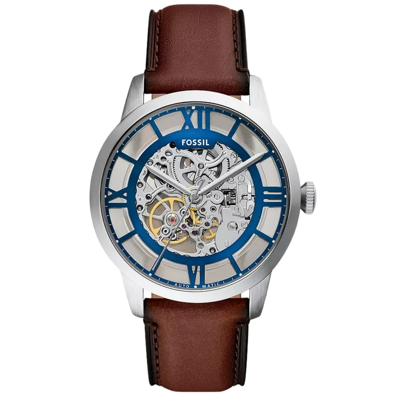 Fossil Townsman 44mm Skeleton Silver Dial Leather Mens Automatic Watch ME3267