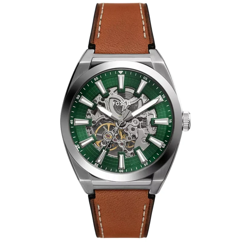 Fossil Everett 42mm Skeleton Green Dial Leather Mens Automatic Watch ME3261