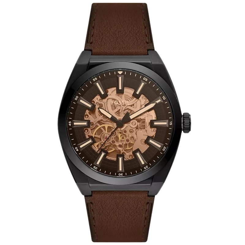 Fossil Everett 42mm Skeleton Black Dial Leather Mens Automatic Watch ME3207