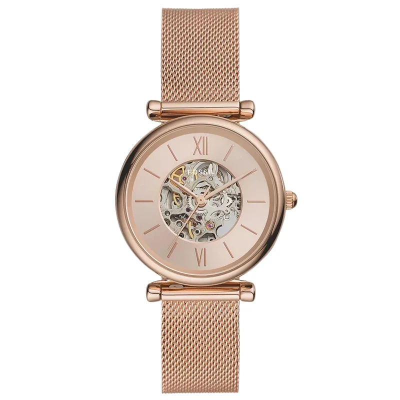Fossil Carlie 35mm Skeleton Rose Gold Dial Steel Ladies Automatic Watch ME3175