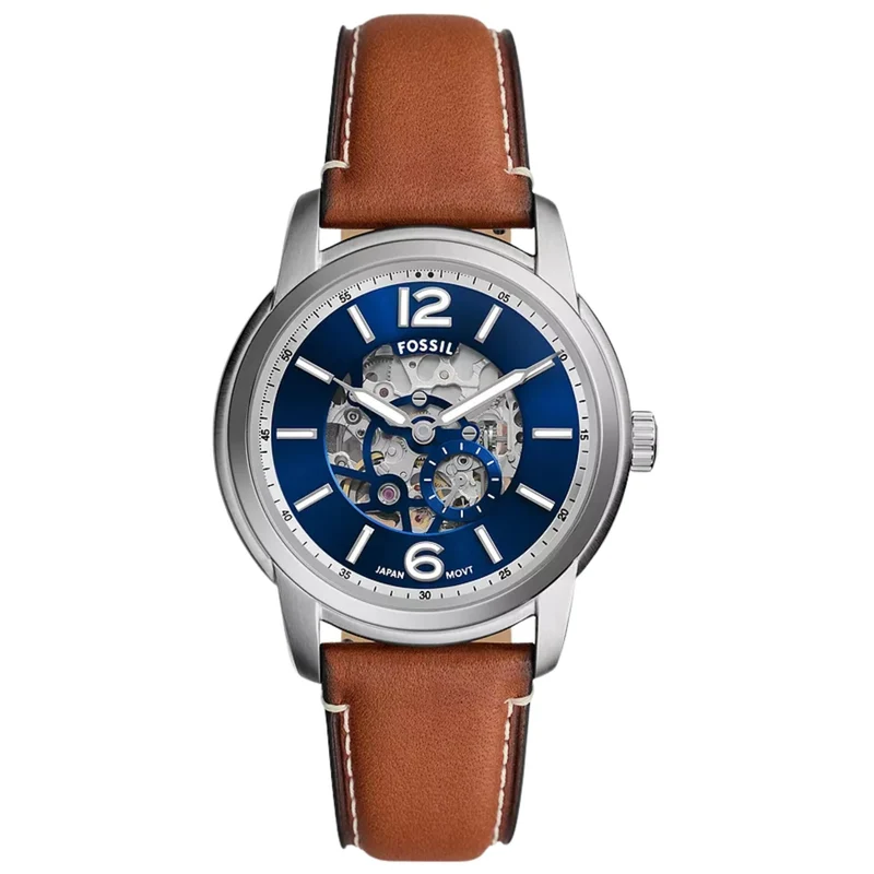 Fossil Heritage 43mm Skeleton Blue Dial Leather Mens Automatic Watch ME3263