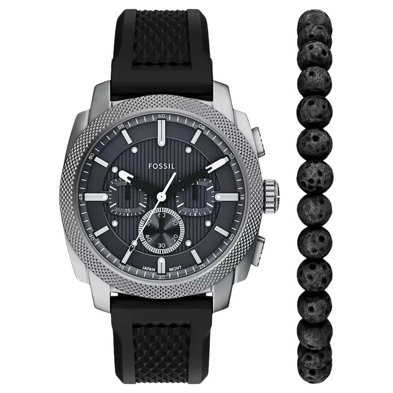 Fossil Machine 44mm Chronograph Grey Dial Silicone Mens Quartz Watch FS6145SET