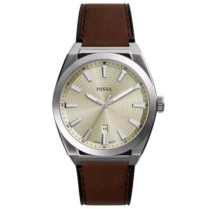 Fossil Everett 42mm Cream Sunray Dial Leather Mens Quartz Watch FS6071