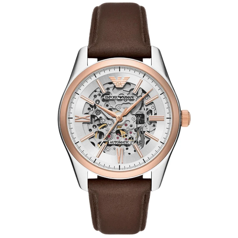 Emporio Armani Antonio 43mm Skeleton Silver Dial Leather Mens Automatic Watch AR60094