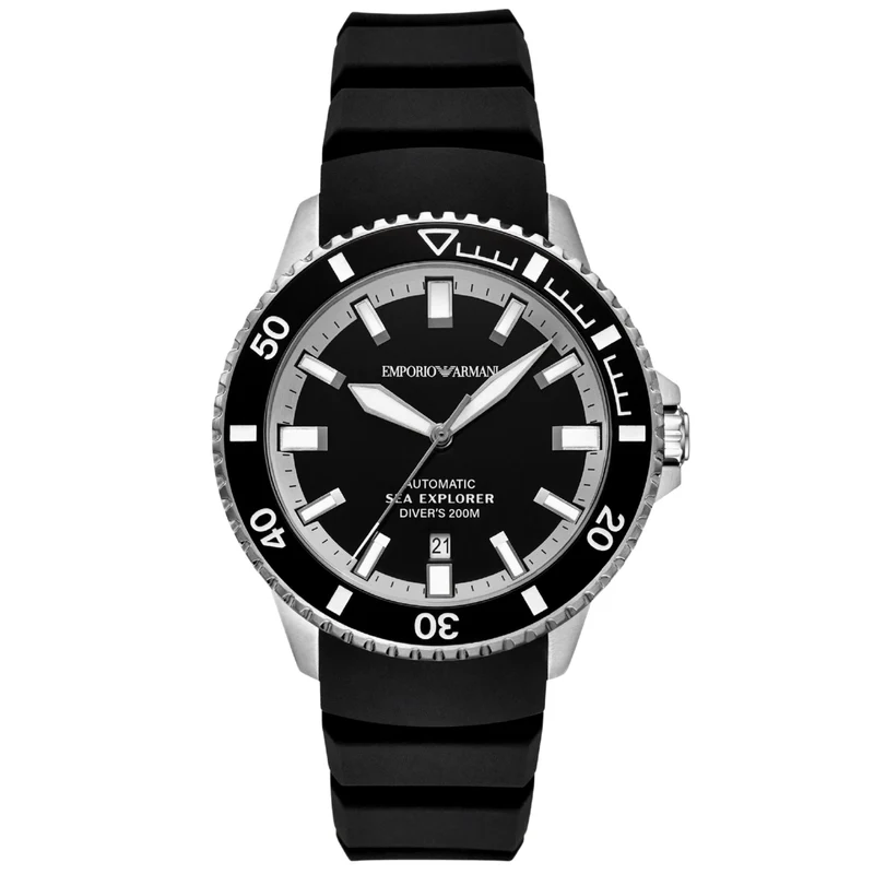 Emporio Armani Sea Explorer 42mm Black Dial Silicone Mens Automatic Watch AR60086