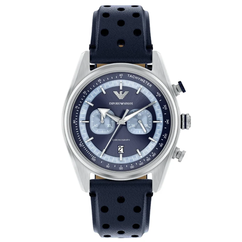 Emporio Armani Racer 42mm Chronograph Blue Dial Leather Mens Quartz Watch AR11781