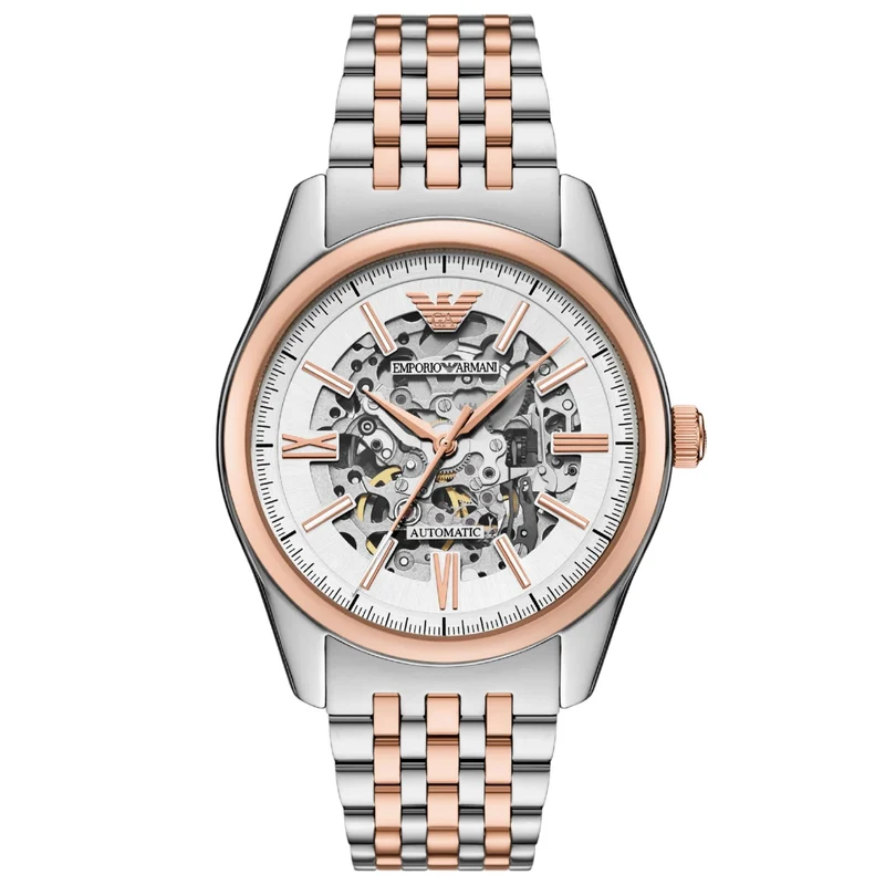 Emporio Armani Antonio 43mm Skeleton Silver Dial Steel Mens Automatic Watch AR60092