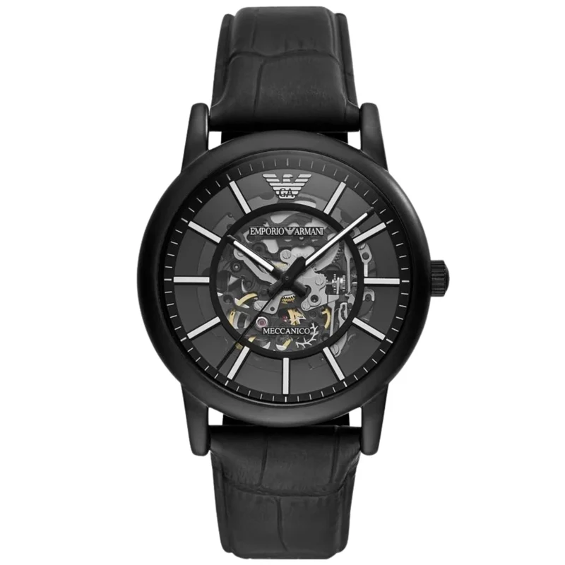 Emporio Armani Meccanico 43mm Skeleton Black Dial Leather Mens Automatic Watch AR60008