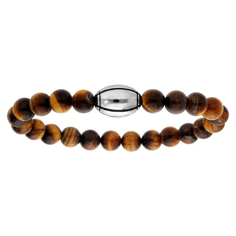 Bracelet Acier Elastique Avec Boules Oeil De Tigre Et Ballon De Rugby