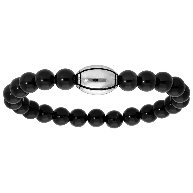 Bracelet Acier Elastique Boules Onyx Avec Ballon De Rugby