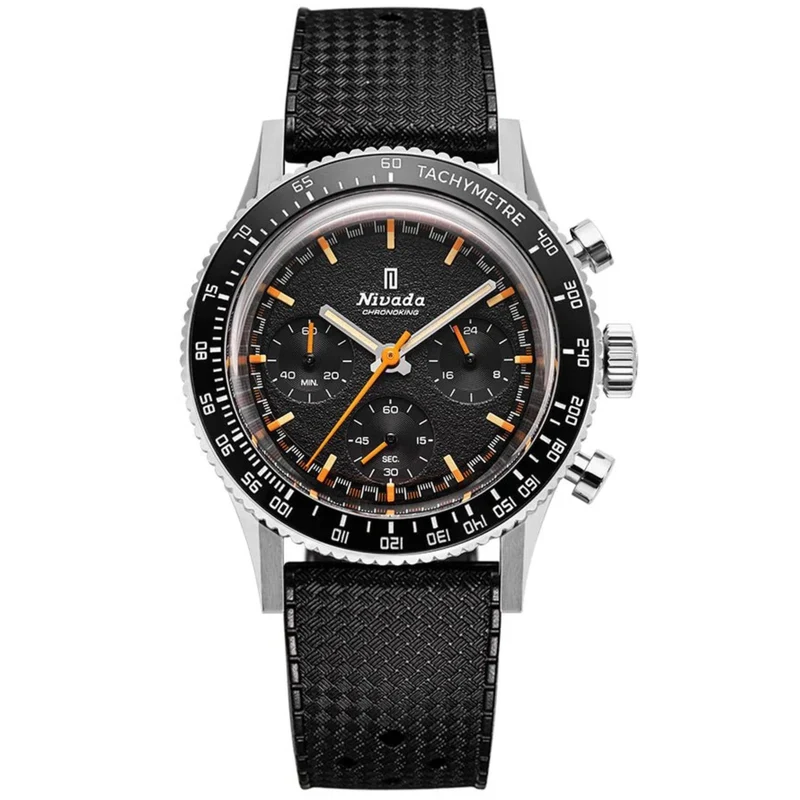 Nivada Grenchen Chronoking Mecaquartz 38mm Chronograph Tachymeter Black Dial Rubber Mens Quartz Watch 87040Q01