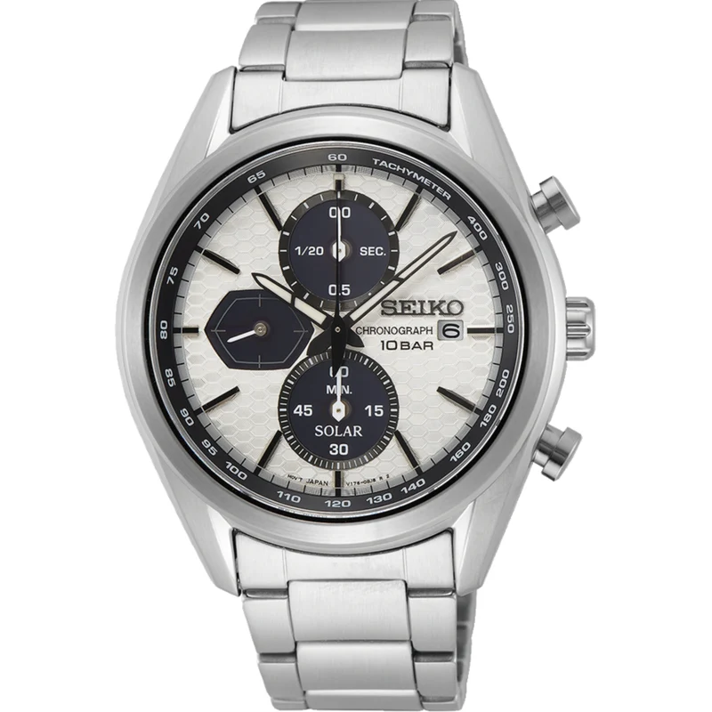Seiko Essentials 42mm Chronograph White/Silver Dial Steel Mens Solar Watch SSC769P1