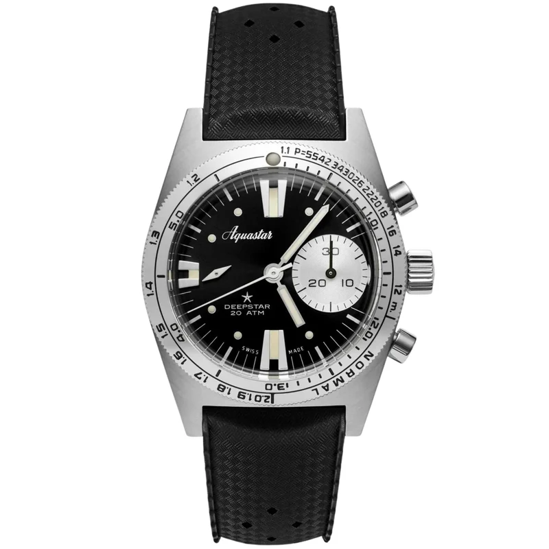 Aquastar Deepstar Vintage 39mm Chronograph Black Dial Rubber Mens Automatic Watch DS39-TRO VB