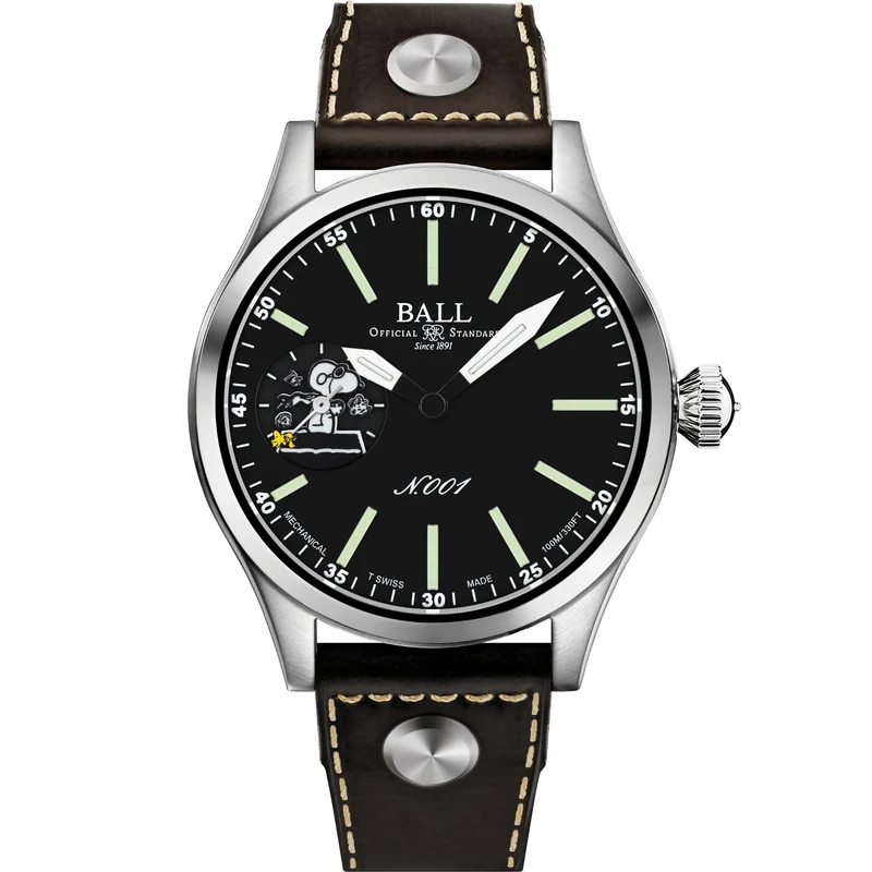 BALL Engineer Master II 46mm Snoopy Flying Ace Limited Edition Black Dial Leather Mens Manual-Wind Watch NM2638C-L2J-BK