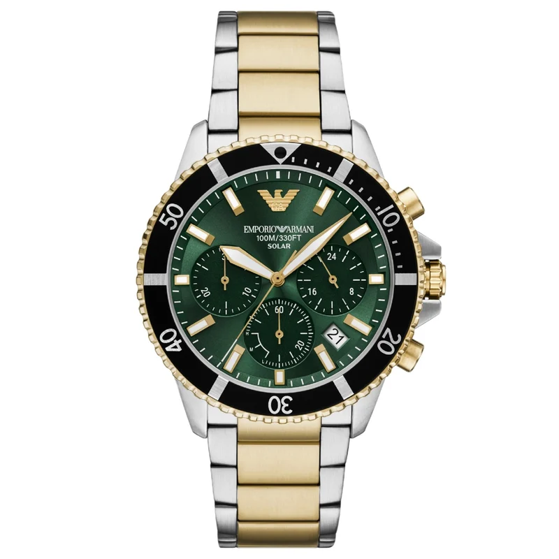 Emporio Armani World Explorer 43mm Chronograph Green Dial Steel Mens Solar Watch AR11695