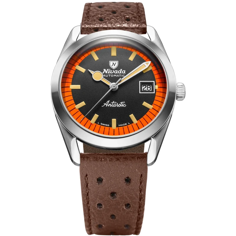 Nivada Grenchen Super Antarctic 38mm Limited Edition Black Dial Leather Mens Automatic Watch 32056A23