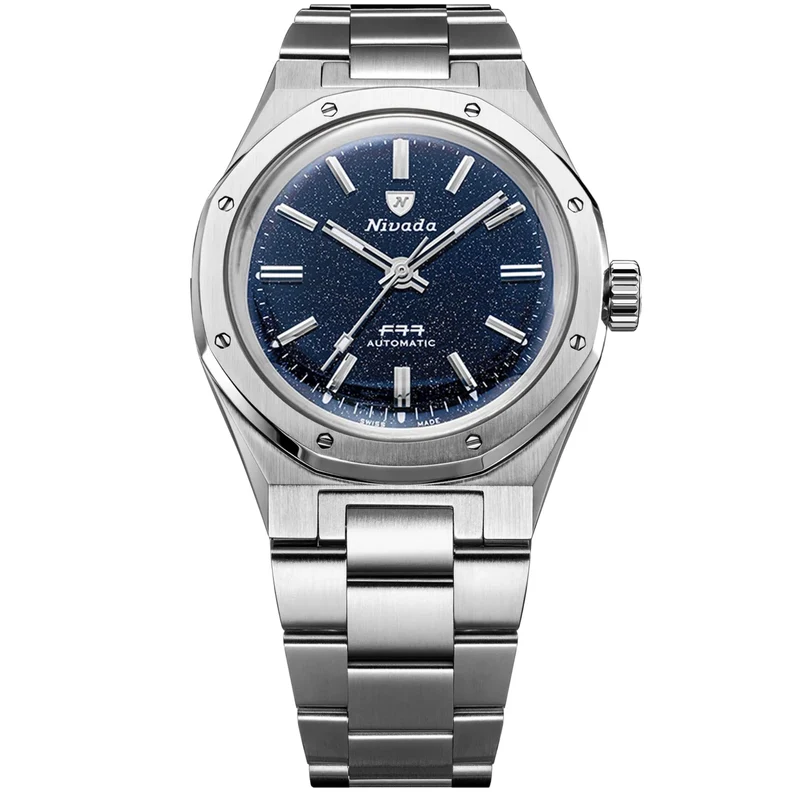 Nivada Grenchen F77 MK1 37mm Dark Blue Dial Steel Mens Automatic Watch 68010A77