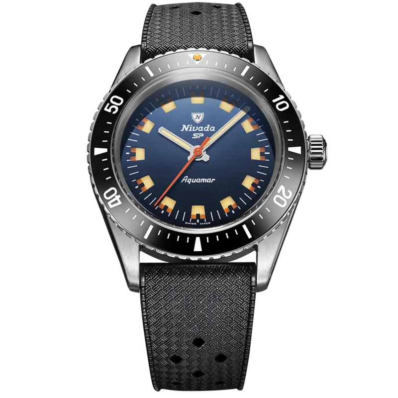 Nivada Grenchen Aquamar 38mm Blue Dial Rubber Mens Automatic Watch 32074A01
