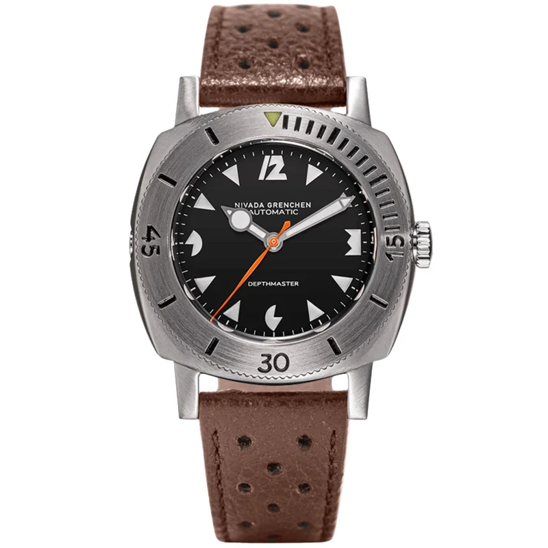 Nivada Grenchen Depthmaster 39mm Black Dial Leather Mens Automatic Watch 14102A02