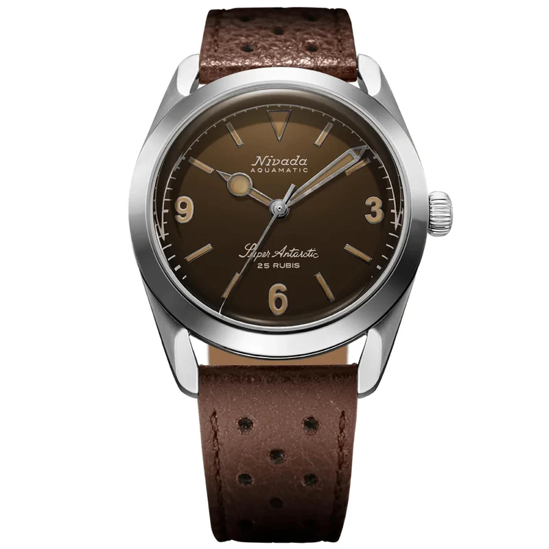 Nivada Grenchen Super Antarctic 38mm Brown Dial Leather Mens Automatic Watch 32031A23
