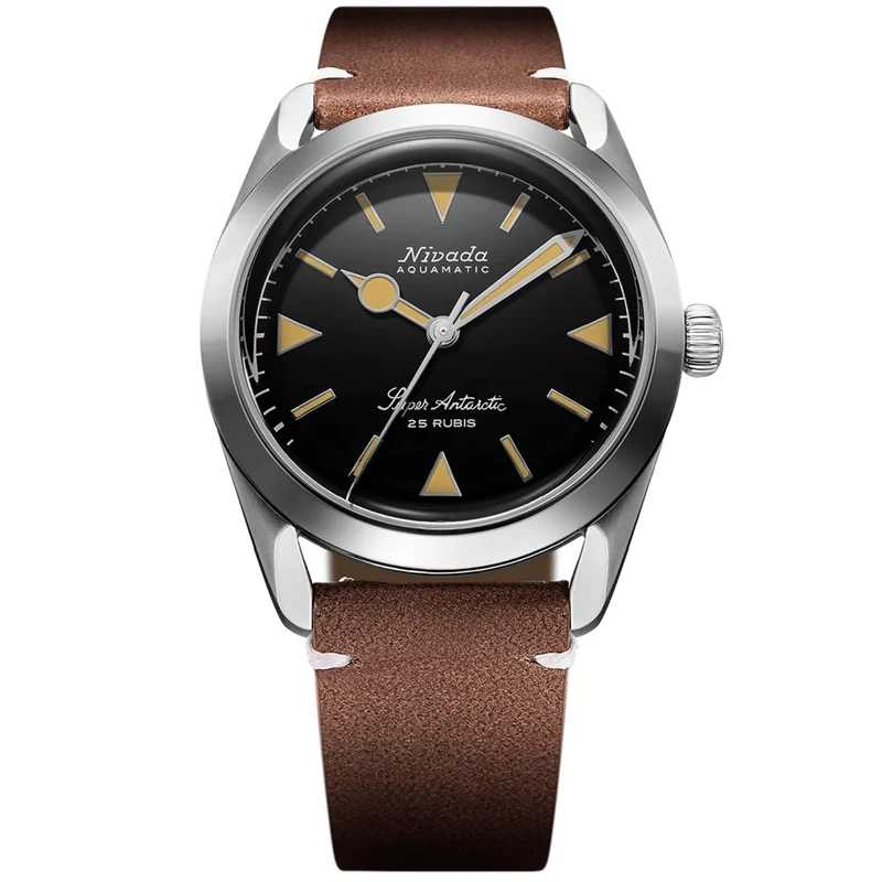 Nivada Grenchen Super Antarctic 38mm Black Dial Leather Mens Automatic Watch 32024A02