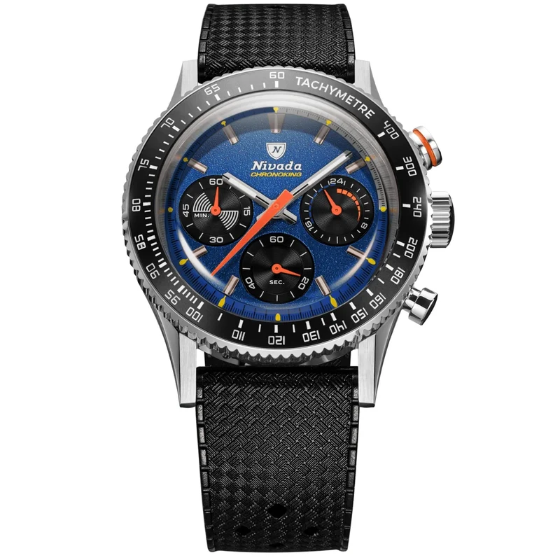 Nivada Grenchen Chronoking Mecaquartz 38mm Dark Blue Dial Rubber Mens Quartz Watch 87050Q01
