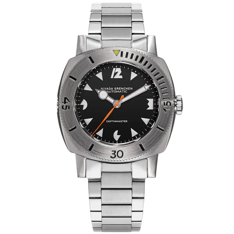 Nivada Grenchen Depthmaster 39mm White Art Deco Black Dial Steel Mens Automatic Watch 14102A20