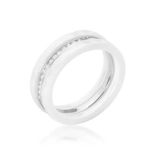 White Ceramic Triplet Ring With Cubic Zirconia