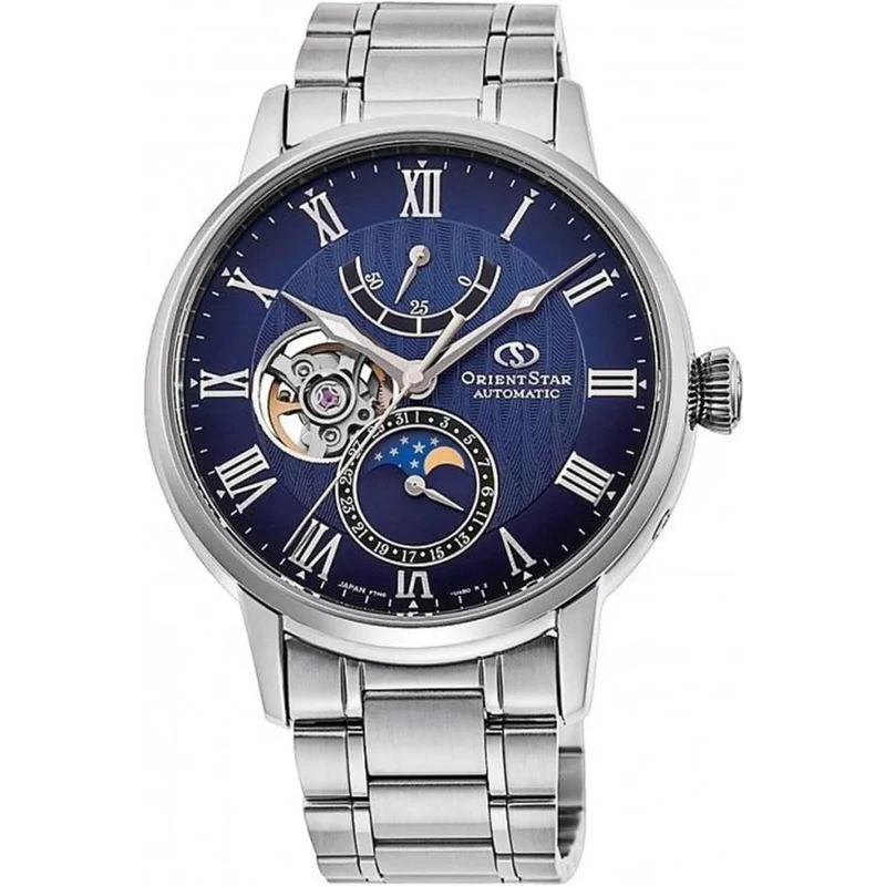 Orient Star Moon Phase 41mm Semi Skeleton Blue Dial Steel Mens Automatic Watch RE-AY0103L00B